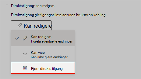 OneNote-skjermbilde som viser hvordan du fjerner direkte delingstilgang