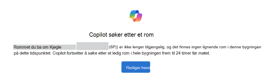 Eksempel på Copilot søker etter et romvarsel med en Rediger hendelse-knapp.