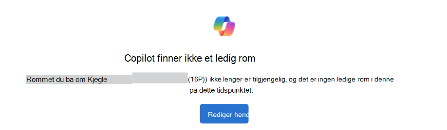 Eksempel på at Copilot ikke finner et varsel om tilgjengelig rom med en Rediger hendelse-knapp.