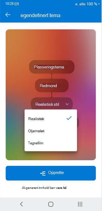 En skjerm som viser rullegardinvelgeren som brukes til å justere konfigurerbare attributter for et egendefinert tema i Outlook for Android
