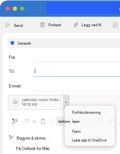 Alternativer for rullegardinmenyen Legg ved fil i Outlook for Mac