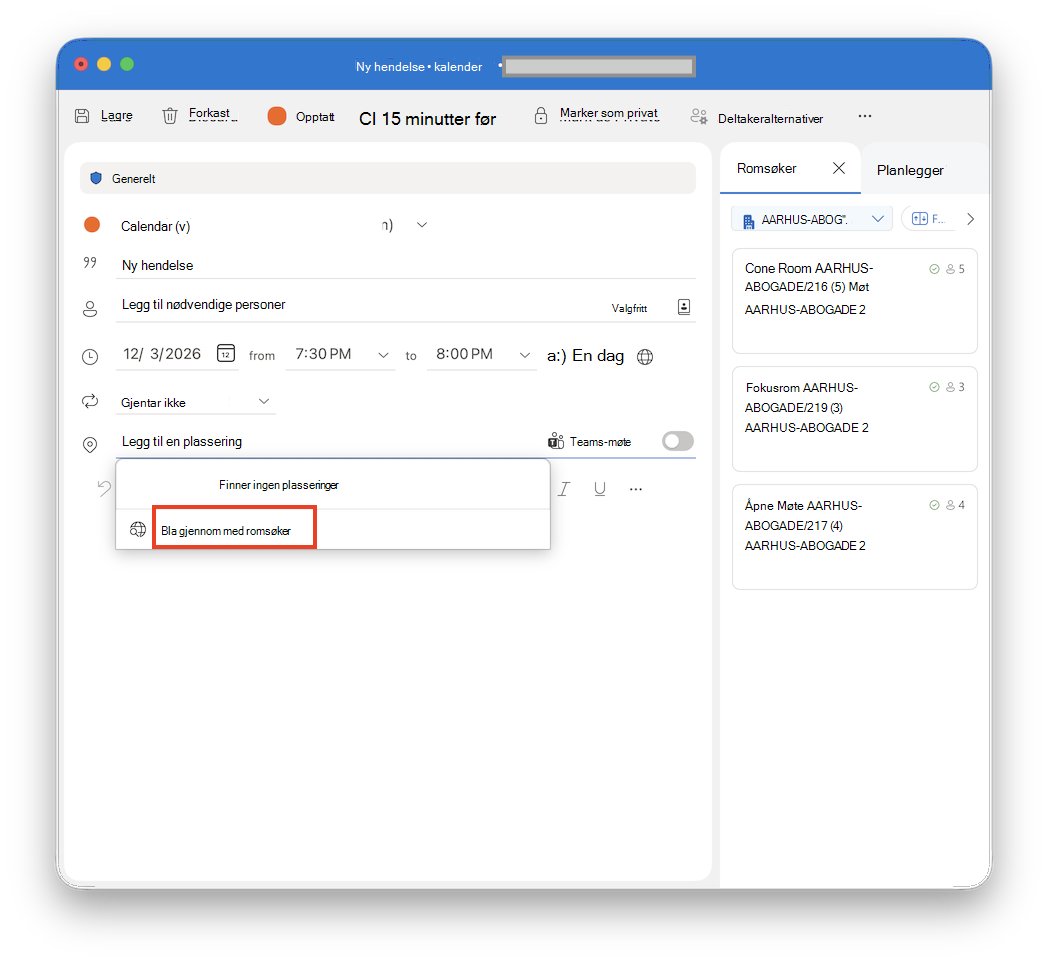 Bla gjennom med romsøker i Outlook for Mac