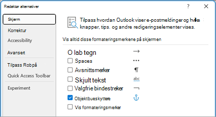 Tilpass hvordan Outlook viser e-postmeldinger og hvilke knapper, tips og andre redigeringselementer som vises.