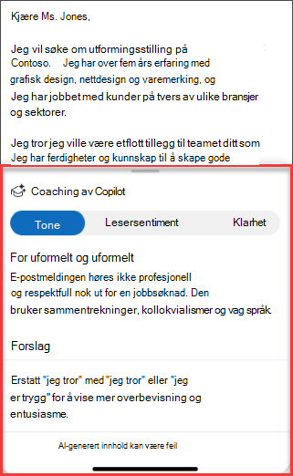 Copilots forslag til tone, klarhet og lesersentiment i Outlook for mobile
