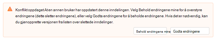 Skjermbilde som viser en advarsel om at konflikten er oppdaget i nyhetsbrev i Outlook