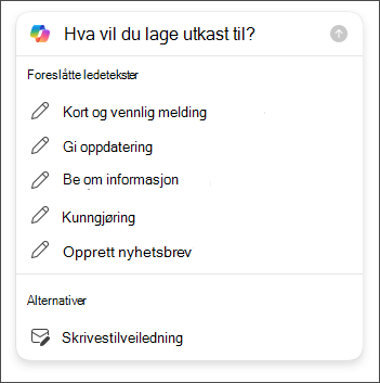 Alternativer for lengde og tone som kan velges når du skriver et utkast til en e-postmelding i Outlook med Copilot