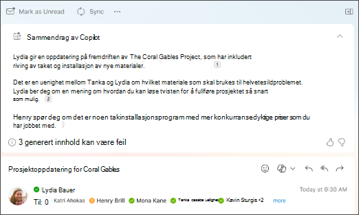 Sammendrag av en e-posttråd med referanser utarbeidet av Copilot