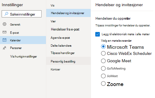 Outlook på nettet – velg standard leverandør av nettmøter