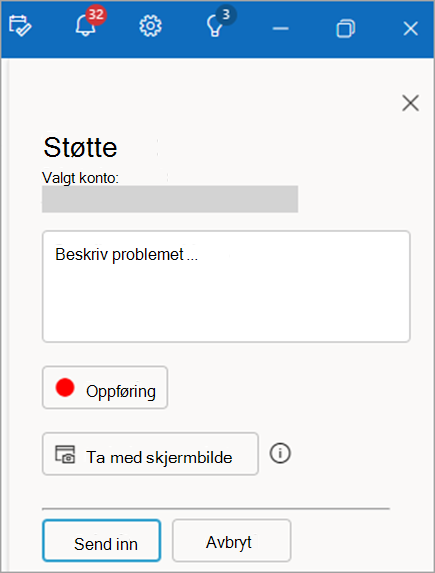 Skjermbilde av kontaktstøtteruten som viser området for å gi en beskrivelse av problemet
