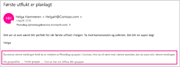 Alle e-postmeldinger gjesten mottar fra gruppemedlemmene, har en bunntekst med instruksjoner og koblinger