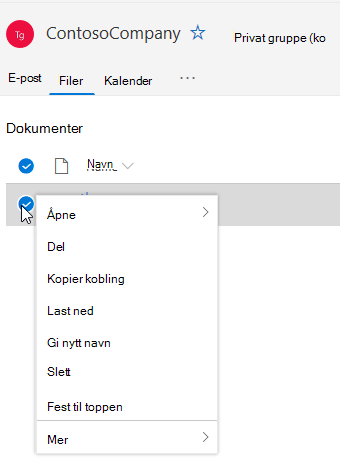 Viser alternativene Slett og gi nytt navn til fil