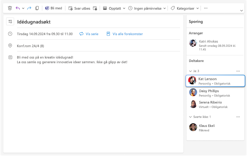 Bildet viser en sporingsrute for møter der man kan se alle svarene for hver inviterte, sammen med den nye ekstra informasjonen om om hver deltaker skal delta personlig eller virtuelt.