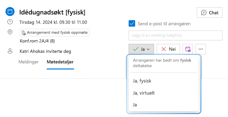 Bildet viser hybrid RSVP-menyknappen for Ja med rullegardinlisten utvidet, der man kan se tre forskjellige alternativer: Ja, personlig, Ja, nesten og Ja.