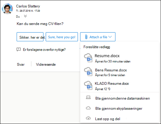 Legger ved foreslåtte filer i Outlook.