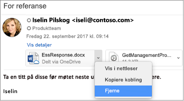 Velg PIL NED og Fjern for å fjerne vedlegget