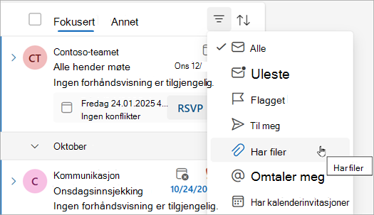 Velg har filer for å finne alle meldinger med vedlegg.