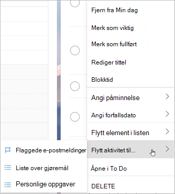 Trykk og hold (eller høyreklikk) for å få tilgang til hurtigmenyen. Velg Flytt oppgaver til ... og velger listen du vil flytte oppgaven til.