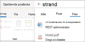 Velg Files for å se søkeresultater bare med vedlegg.