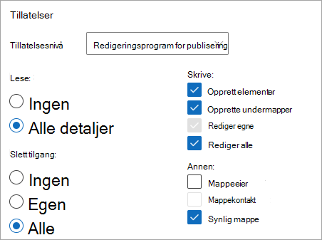 Skjermbilde som viser redigeringsprogrammet for publisering valgt som tillatelsesnivå