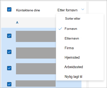 Skjermbilde av alternativer for å sortere kontakter