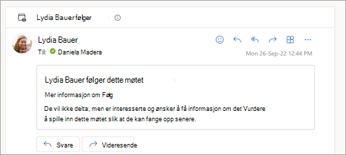 Skjermbilde som viser e-postsvar som deltaker følger møtet
