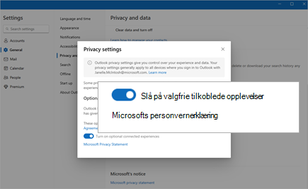 Skjermbilde som viser veksleknappen for å aktivere valgfrie tilkoblede opplevelser i Innstillinger