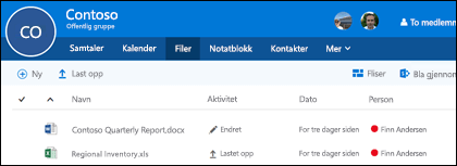 Klikk Files i Office 365-gruppen for å se listen over filer og mapper som er lagret i gruppen