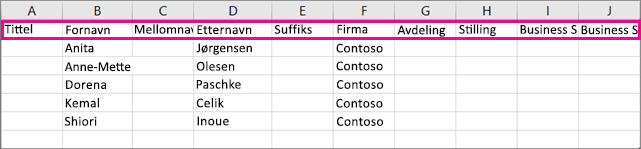 Slik ser eksempelfilen .csv ut i Excel.