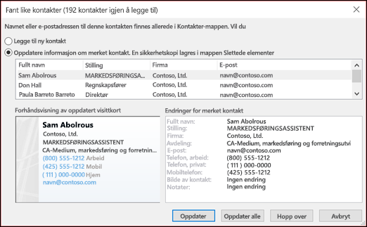 Velg hva du vil gjøre med dupliserte kontakter.