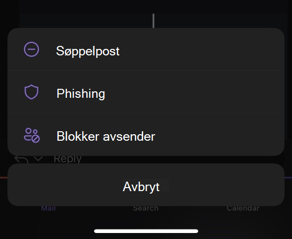Undermenyen Søppelpost for Outlook Mobile