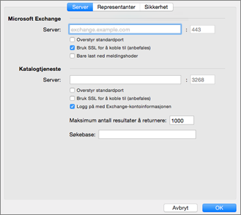 Serverinnstillinger for Exchange-kontoer