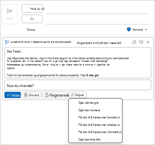 Viser siden for klassisk e-post i Outlook, med en Copilot-kladd og Juster-alternativene som vises.