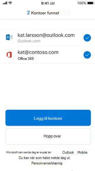 Viser en Outlook-skjerm med to e-postadresser oppført – én som er en Outlook-e-post og en som ikke er det.