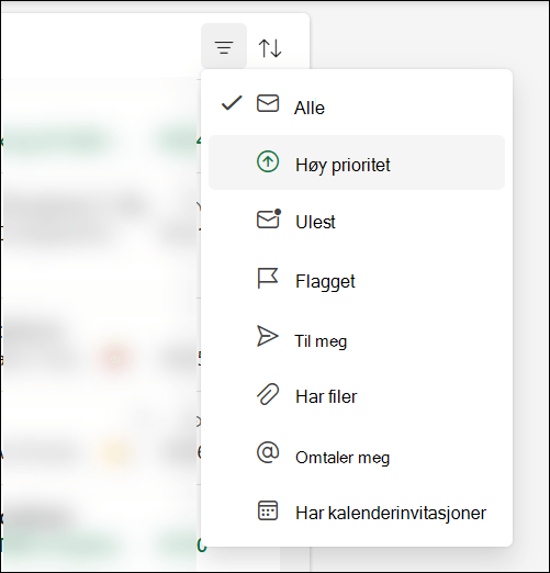 Meldingsfiltermenyen i Outlook viser at høy prioritet er et alternativ.