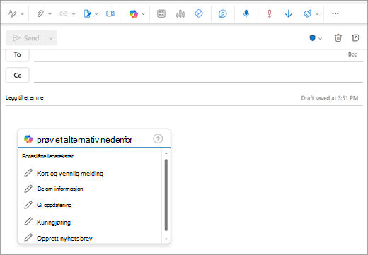 Viser siden Ny Outlook-e-post med et ledetekstvindu åpent der du vanligvis begynner å skrive inn e-posten.