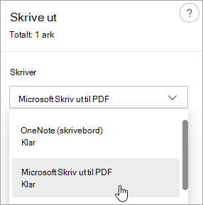 Skjermbilde som viser valget Microsoft Skriv ut til PDF