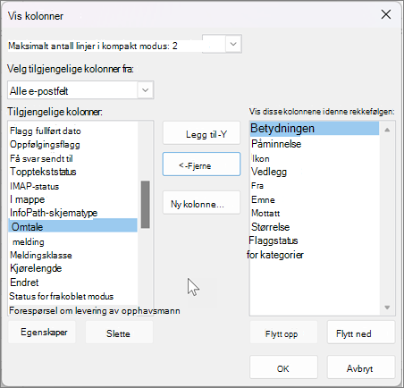Vis innstillinger for kolonner i Outlook