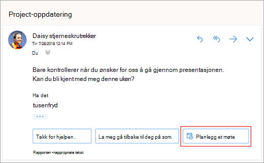 Et skjermbilde av det foreslåtte svaret for å planlegge et møte
