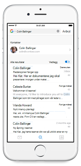 Viser en mobilskjerm med søkeboksen øverst og Filer-delen nederst.