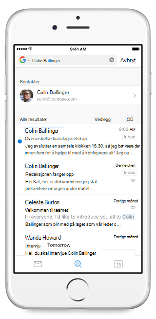 Viser en mobilskjerm med søkefeltet øverst og et navn skrevet inn i den. Søkeresultatene er under søkefeltet.