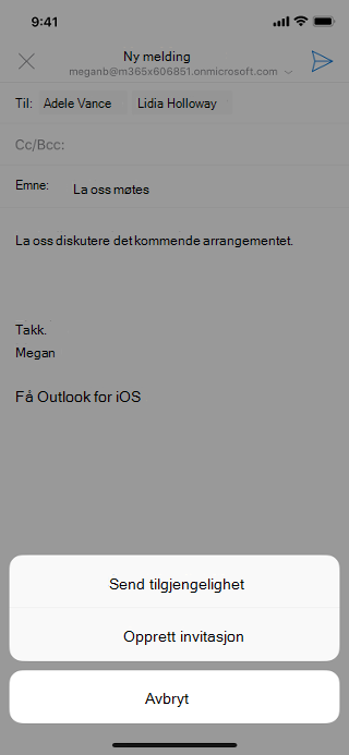 Viser en iOS-skjerm med et nedtonet e-postutkast, og &oppgir: Send tilgjengelighet&anførselstegn; under kladden.