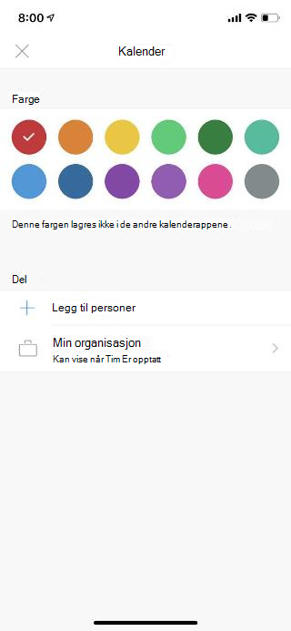 Viser en kalender på en mobilskjerm. Under Del-delen ser du en kobling der det står Legg til People.