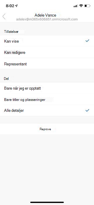 Viser en mobilskjerm med navnet på en person øverst, og tillatelsesalternativer og delingsalternativer oppført nedenfor.