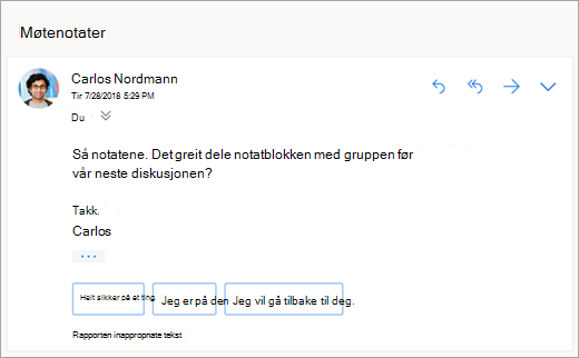 Et skjermbilde av foreslåtte svar