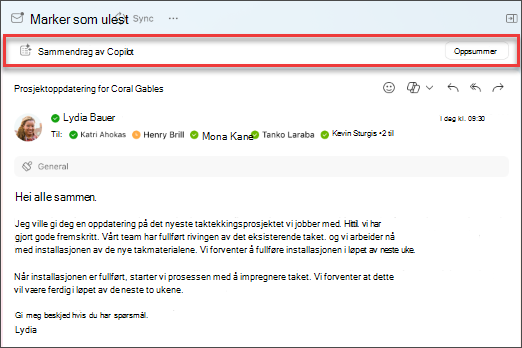 Velg sammendrag for Copilot for å utforme et sammendrag av en eposttråd.