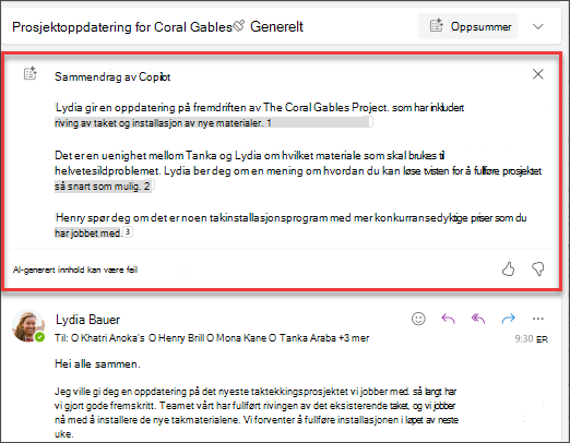Sammendrag av e-posttråd med sitater opprettet av Copilot.
