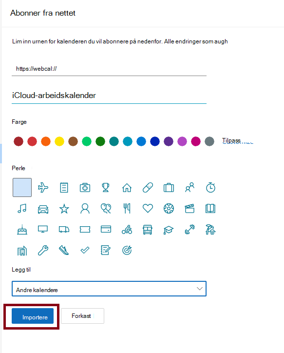 Dette er hele vinduet i OWA når vi klikker på Legg til kalender for å importere kalender.