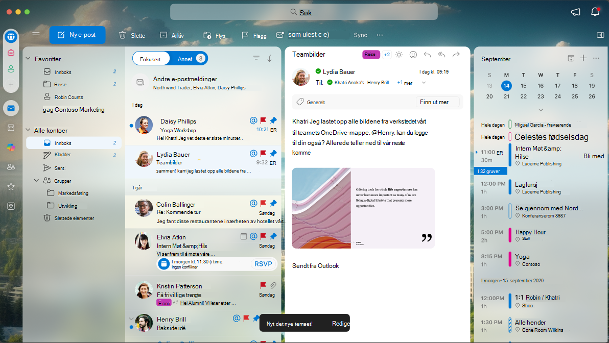 En skjerm som viser hvordan et tema ser ut når det brukes på Outlook for Mac