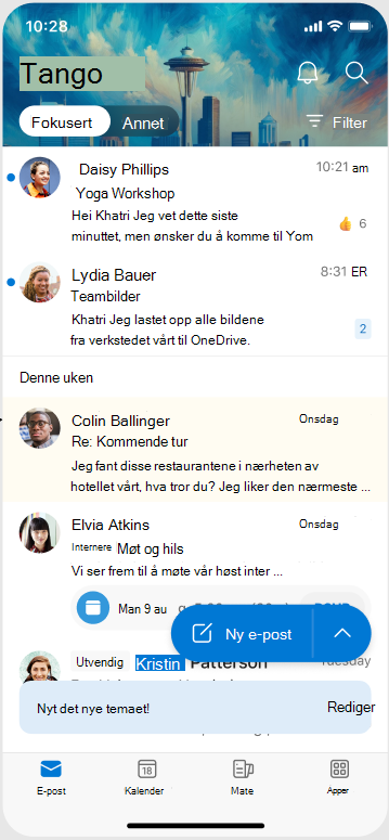 En skjerm som viser hvordan et tema ser ut når det brukes på Outlook Mobile