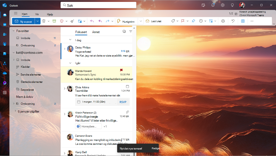 En skjerm som viser hvordan et tema ser ut når det brukes i nye Outlook for Windows